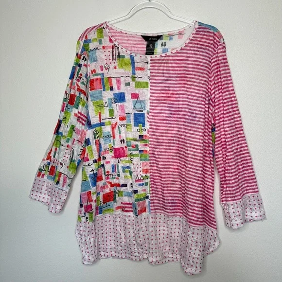 Ali Miles Patchwork Tunic Top Size XL Striped Geometric Artsy Lightweight - Picture 1 of 11